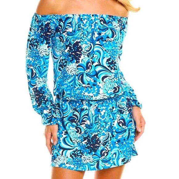 Lilly Pulitzer Lana Skort Romper Mermazing Off the Shoulder Blue Size Medium - Picture 2 of 5